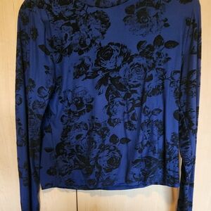 Floral Blue and Black Women's Large Top